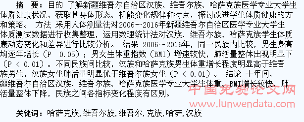 2006~2016年新疆汉族、维吾尔族、哈萨克族医学专业大学生身体形态功能动态比较研究
