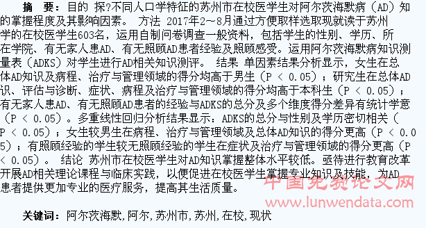 苏州市在校医学生阿尔茨海默病知识现状及其影响因素的研究